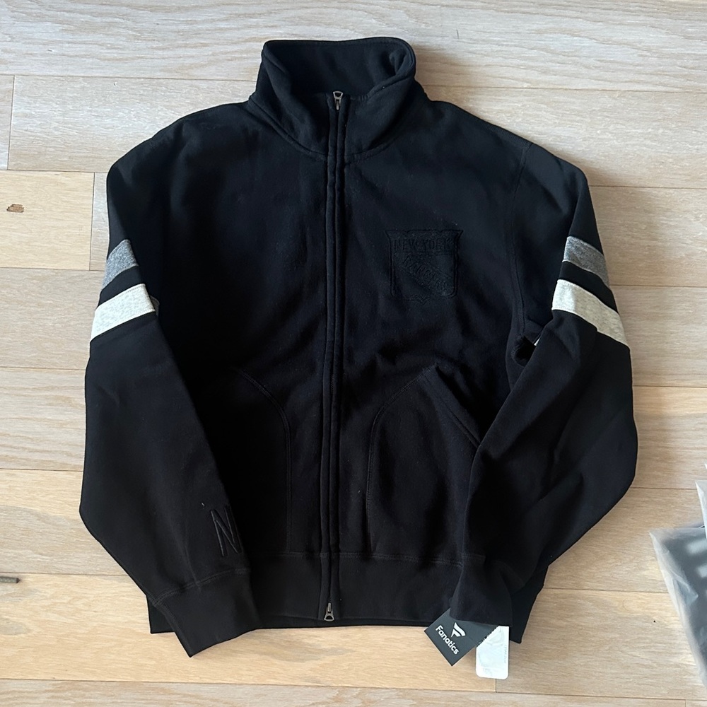 Rangers NHL Black Bomber Jacket with White Stripes. Zip up